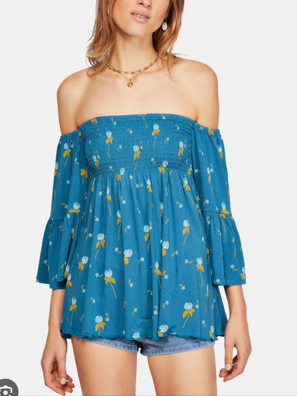 Free People Teal Blue Floral Smocked Off-Shoulder Blouse‎